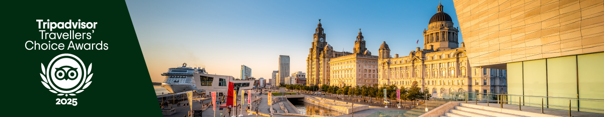 An image of Liverpool Three Graces with the Tripadvisor logo on a green background with white text.