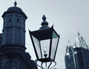 Street lantern in front of the turret at Colonial Fort Conde and the RSA tower