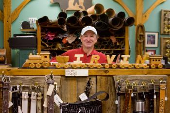 Owner of Masada Leather, Irvin Alhadeff, inside the store