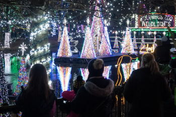 Crowd watching a holiday light show on water at the Columbus Zoo and Aquarium's Wildlights