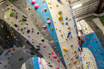 A male climber at and indoor rock climbing gym in Golden, CO