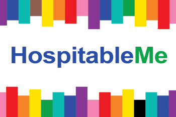 An image in which the border includes colors of the rainbow and in the middle it reads, "HospitableMe".