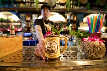 Mobile Tiki week drink served by Trader Roy in The Haberdasher bar