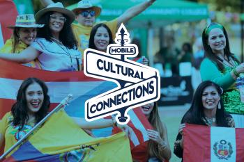 Latina women wearing brightly colored clothing and holding flags from their countries with Mobile Cultural Connections logo