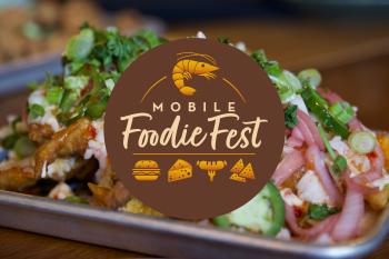 Mobile Foodie Fest logo over a plate of crab rangoon nachos