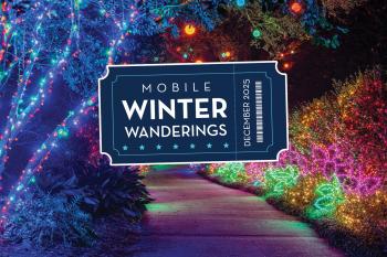 A walking path at night with trees and shrubs brightly lit with colorful lights, Mobile Winter Wanderings logo