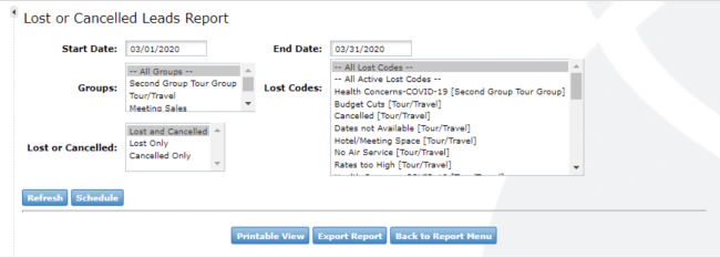 A screenshot of the Lost Leads Report filter options in the Simpleview CRM