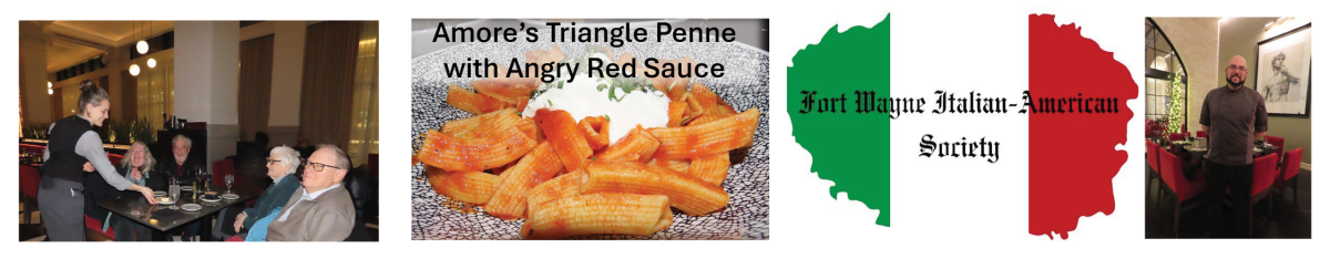 A collage showing Italian cultural experiences in Fort Wayne like Amore restaurant