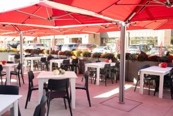 Restaurant patio with umbrellas