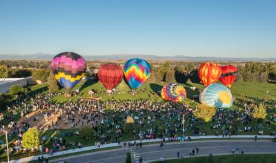 Aerial view of Hot Air Balloons preparing to launch at Aims Community College in Greeley