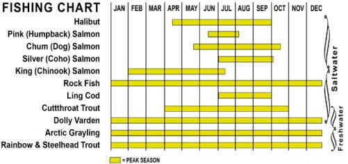 a chart by month showing peak times for fishing