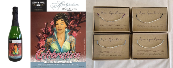 Graphic showcasing Celebration Sparkling Wine and new Ava Gardner themed jewelry