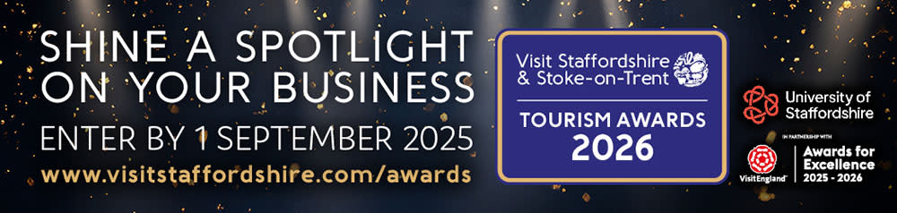 Banner Infographic promoting 2026 Visit Staffordshire and Stoke on Trent tourism awards competition to encourage businesses to enter online before 1st September 2025 deadline