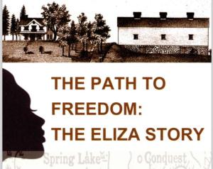 tepia clored poster for the The Eliza Story, play. Contains the image of an older home and the outline of a profile
