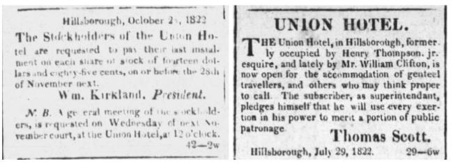 Article in Hillsborough Recorder re: Union Hotel