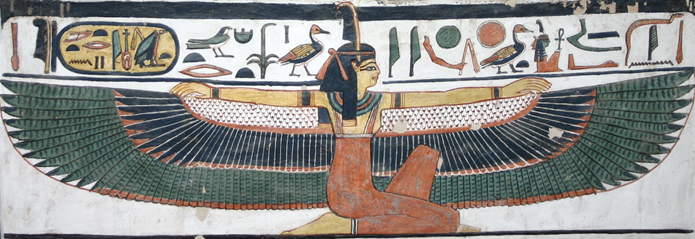 Maa'at the Egyptian Goddess of Truth, Wall Painting Inside the tomb (QV66) of Nefertari, in Egypt's Valley of the Queens. ca. 1255 BC.