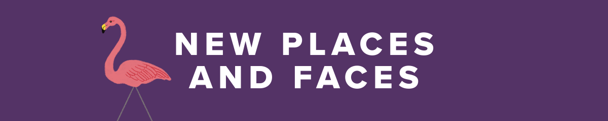 A graphic with a deep purple background, pink flamingo graphic and white text that reads "New Places and Faces"