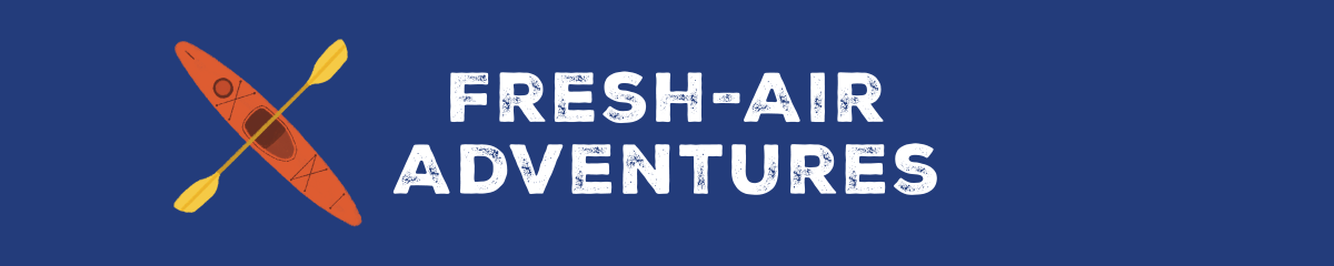 A graphic with a dark blue background, an illustration of an orange kayak and white text that reads "Fresh-Air Adventure"