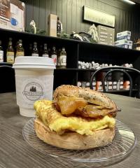 Picture of breakfast sandwich and coffee at The Grindstone