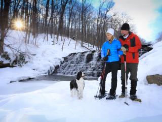 Cross country skiing with furry friend at Laurel Hill State Park, Somerset, PA