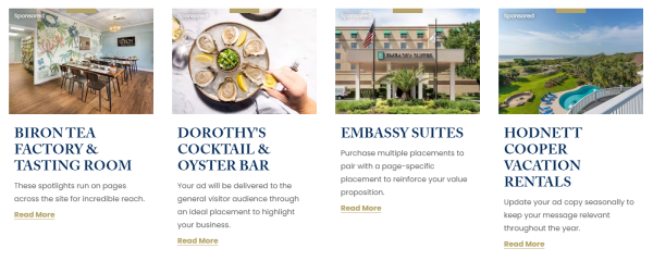 This is an example of four run-of-site spotlights as part of the website advertising opportunities.