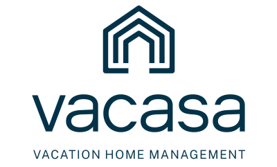 Black and white logo reading "vacasa, vacation home management." The logo drawing is an outline of a home