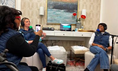 Nicole Davis records All The Waves hosts Katie and Zondra in studio.