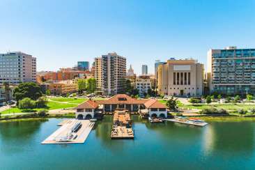 Aerial view of Lake Chalet looking toward downtown Oakland.