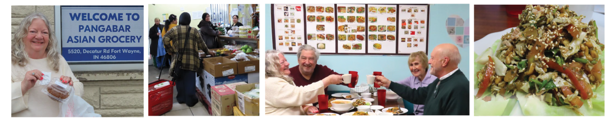 Collage of experiences of Burmese Culture in Fort Wayne featuring a Burmese grocery store and restaurant