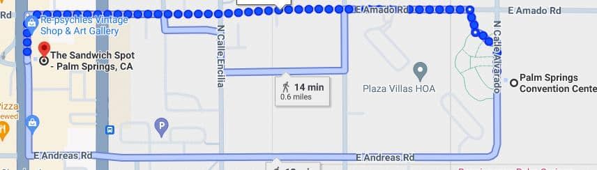 A screenshot of a digital map showing a walking route from 'The Sandwich Spot' in Palm Springs, CA, to a destination near 'Plaza Villas HOA', taking 14 minutes to cover 0.6 miles.