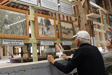 A man views framed pictures of historic photos located in Atkinson Milling Company's museum.