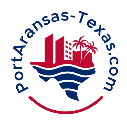 Logo reading PortAransas-Texas.com in red and blue with a Texas shaped logo