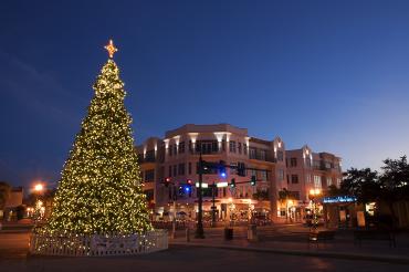 Lighted tree and buildings for Christmas in Downtown Punta Gorda, Florida