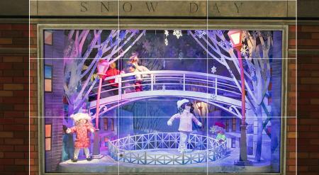 A view of the Snow Day scene from the Rike's Holiday Windows.