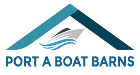 Port A Boat Barns blue logo with an outline of a triangle over a boat