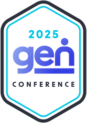 Hexagonal badge logo with a teal and black outline. Inside, the text ‘2025’ appears at the top in teal, followed by the word ‘gen’ in large, bold, gradient blue lowercase letters with a stylized ‘n’ featuring a dot above it. Below ‘gen’ is a thick blue underline, and the word ‘CONFERENCE’ appears in smaller, black uppercase letters at the bottom.”