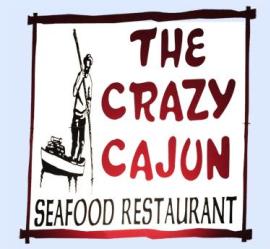 The Crazy Cajun Seafood Restaurant Logo on a light blue background. Red text with a black drawing outline of a man standing in a boat.