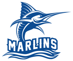 Blue and white logo of a fighting fish with the text "Marlins" underneath it