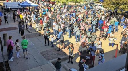 Eclipse attendees - large group outside- looking at the annular eclipse