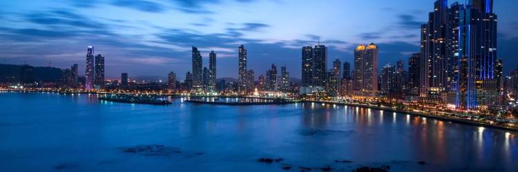 Night view of Panama City skyline with a bay view