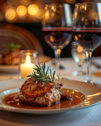 Picture of fine dining table with wine glasses and plated roast chicken.
