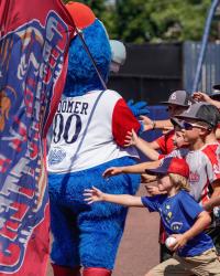 Picture of the Crosscutters Baseball Mascot walking along the edge of the baseball field holding a big flag with kids reaching out to touch it.