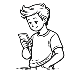 Line art looking at cell phone