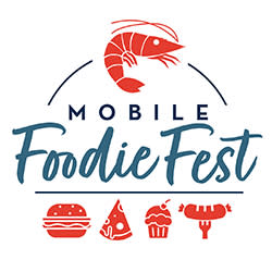 Logo displaying "Mobile Foodie Fest" with images of a hamburger pizza cupcake and sausage being speared with a fork