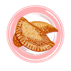 Illustration of two golden empanadas sprinkled with sesame seeds on a pink-rimmed plate.