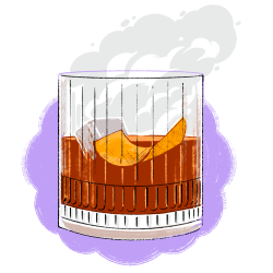 Illustration of a whiskey glass with an orange peel and ice, emitting steam.