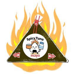 Illustration of a spicy tuna mayo onigiri with a cute face, surrounded by flames.