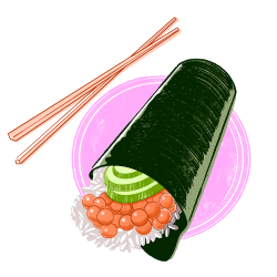 Illustration of a sushi hand roll with salmon roe, rice, and cucumber on seaweed, with chopsticks above.