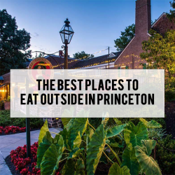The Best Places to Eat Outside in Princeton written over an image of tables and lights set out during a summer evening at Yankee Doodle Tap Room in Princeton