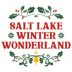 Salt Lake Winter Wonderland text surrounded by holly leaves and berries with a gold bell